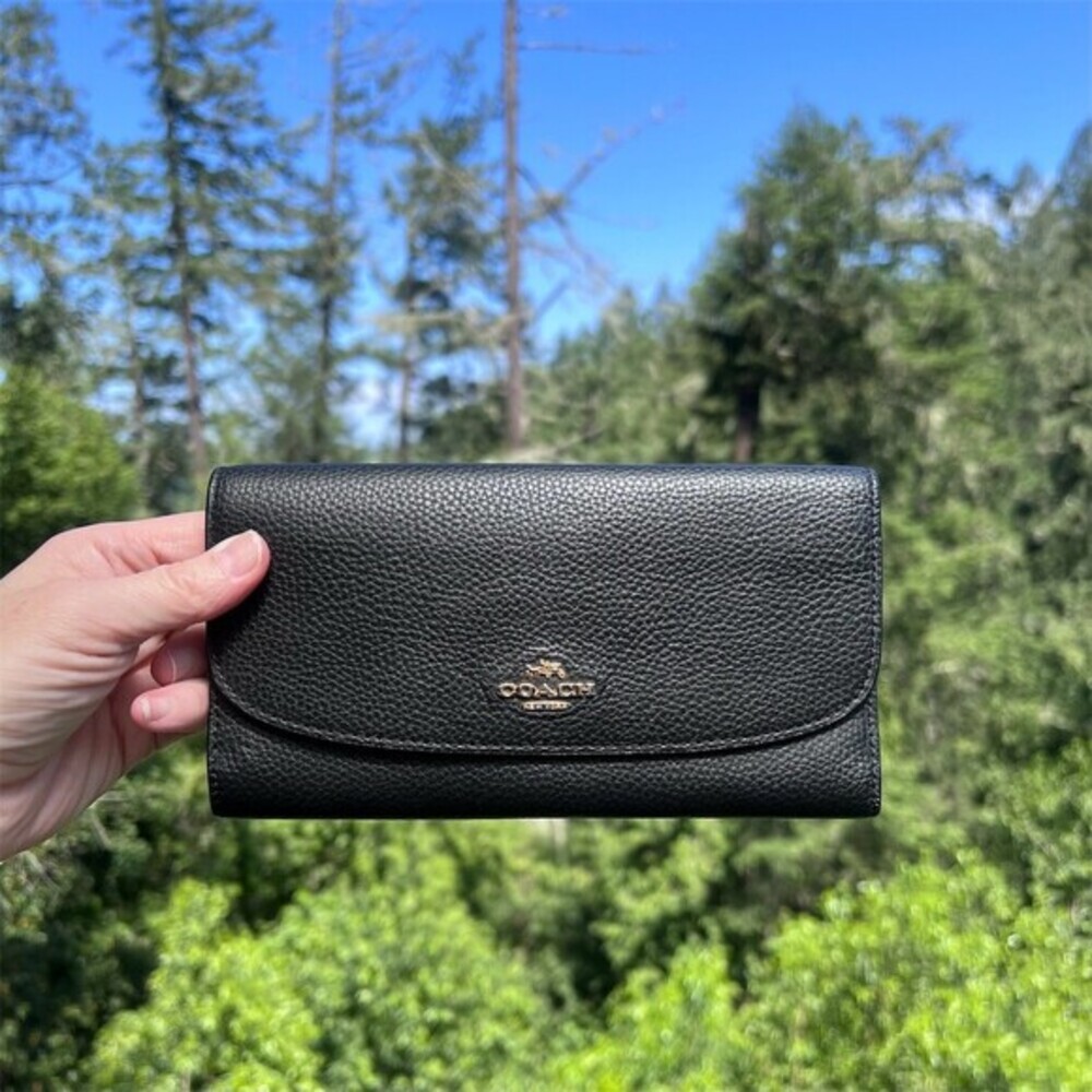 VINTAGE COACH Black Pebble Leather Trifold Wallet with Gold Hardware AUTHENTIC